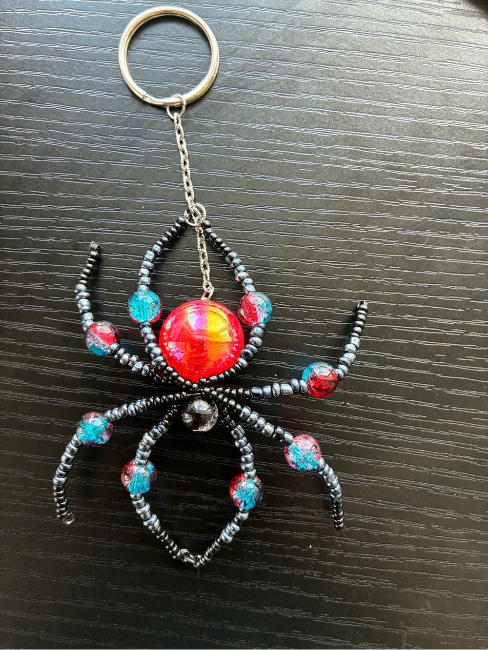 Handmade Keychain with Blue and Red Beads